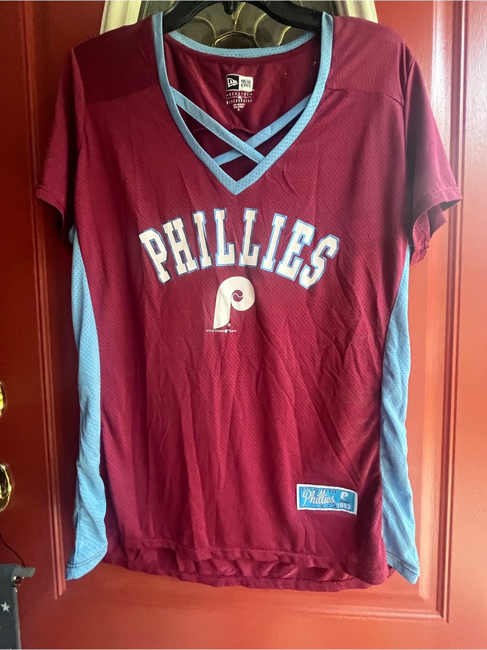 New Era Phillies Maroon and Light Blue Women's Jersey Top